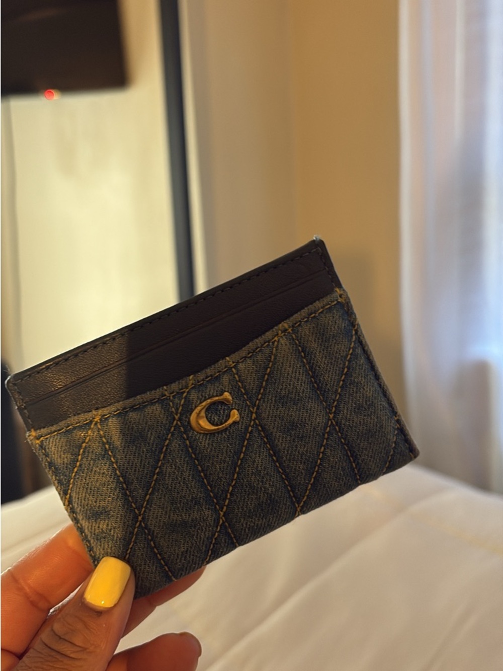 Coach Denim Quilted Card Holder with Black Leather Trim